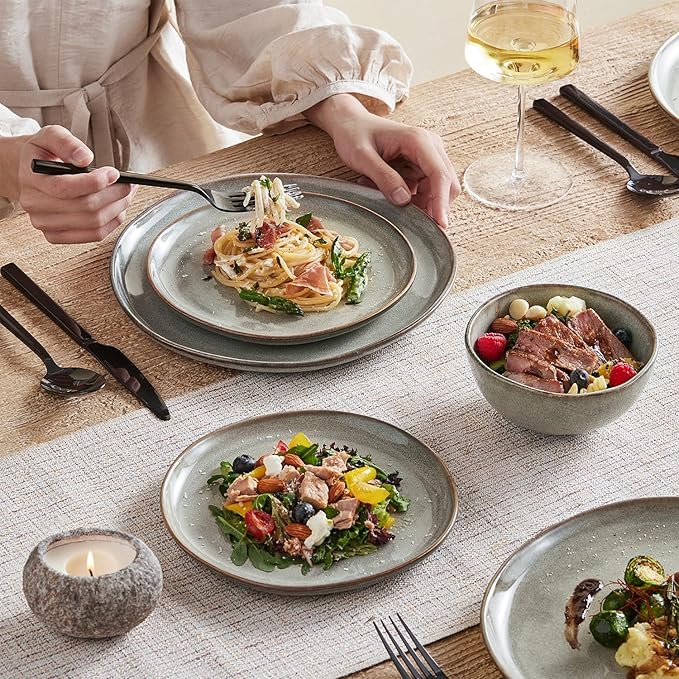 KINGSTONE Stoneware Dinnerware Sets 18-Piece Reactive Glaze Porcelain Plates and Bowls Sets for 6 Handcrafted Rustic Ceramic Dishes Set Highly Scratch Resistant Dishwasher &amp Microwave Safe Gr