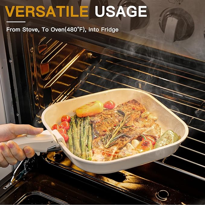 Astercook 23 Pcs Pots and Pans Non Stick Ceramic Cookware Set and 15 Pcs Kitchen Knife Set with Sharpener Block Anti-Rust Coating Cream White
