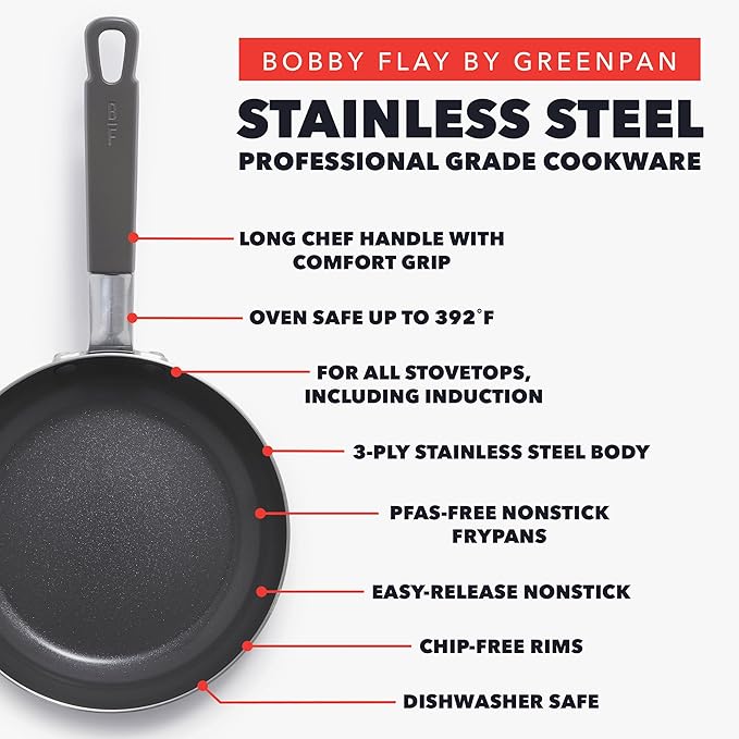 GreenPan x Bobby Flay Stainless Steel 12 Piece Cookware Pots &amp Pans Set Professional Grade Tri-Ply Multiclad PFAS-Free Ceramic Nonstick Induction Suitable Dishwasher &amp Oven SafeStay Cool