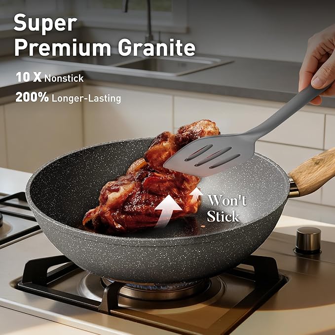 DishDelight Induction Pots and Pans Set 12 Piece Nonstick Cookware Granite Cooking Set with Frying Pans Gray