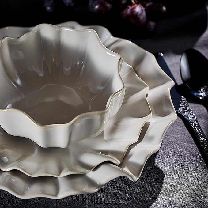 Marchesa Lotus 12-Piece Dinnerware Set Stoneware Plates and Bowls Set Dishwasher and Microwave Safe Dish Set for 4 White