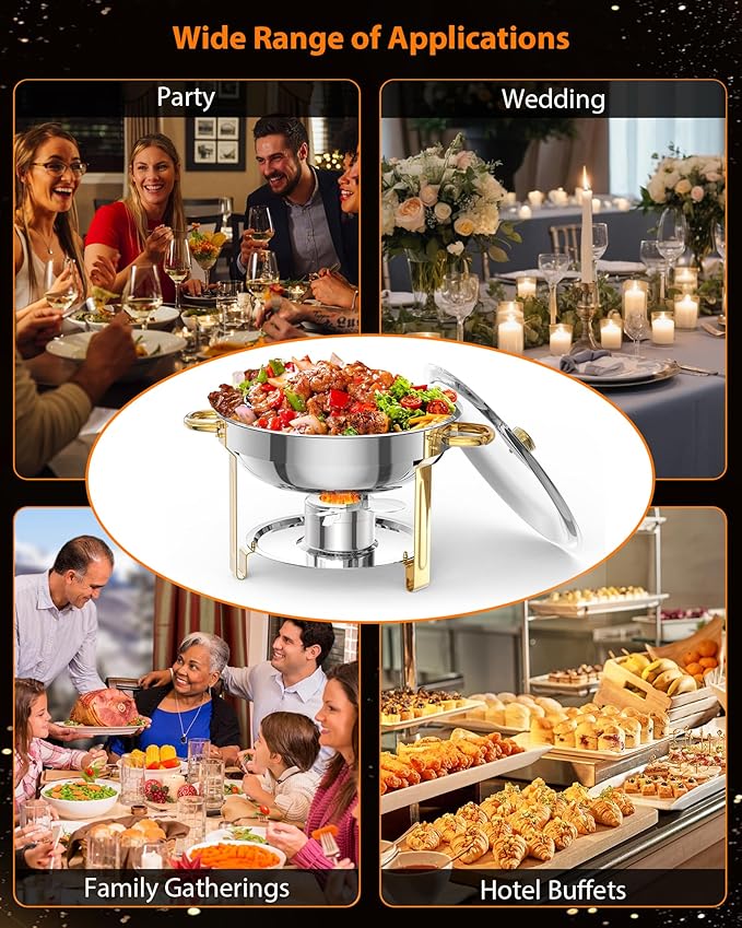 Commercial 5QT Round Chafing Dish Buffet Set – 6-Pack Stainless Steel Food Warmers with Glass Lid Lid Holder Spoon &amp Tweezer – Gold Finish NSF Certified – 6-piece Set