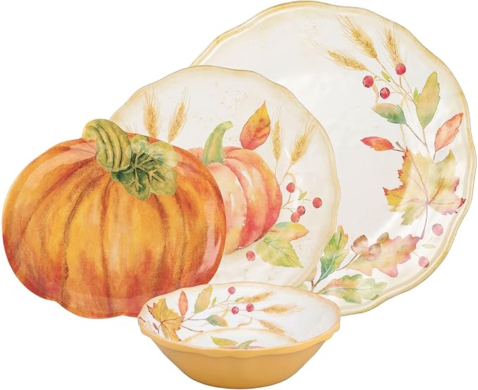 UPware 16 Piece Pumpkin Melamine Dinnerware Sets Outdoor Dishes Set Plates and Bowls Sets Autumn Thanksgiving Decorations Service for 4 Orange