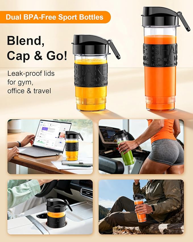 Smoothie Blender 650W Personal Blenders for Shakes and Smoothies with Grinder Cup &amp 2 BPA-Free Portable Cups (20oz+14oz) Portable Blender for Juices Smoothies Maker for Kitchen Black