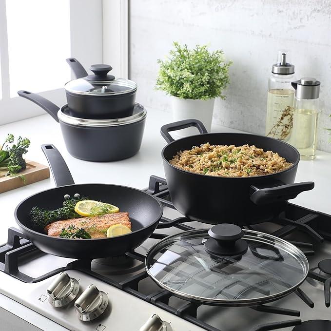 Oster Connelly 7 Piece Aluminum Premium Nonstick Pots and Pans Cookware Set W/Induction &amp Bakelite Stay Cool Handle - Black