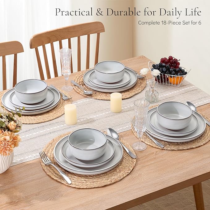 E-far Stoneware Dinnerware Sets for 6 18 Pieces Reactive Glaze Plates and Bowls Sets Elegant Dishes with Rustic Terracotta Clay Base Dishwasher &amp Microwave Safe Scratch Resistant Glacier Whit