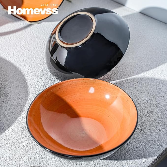 Sonoma 16 Piece Stoneware Dinner Set Outside Black + Inside Handpainted Color Orange with speckle