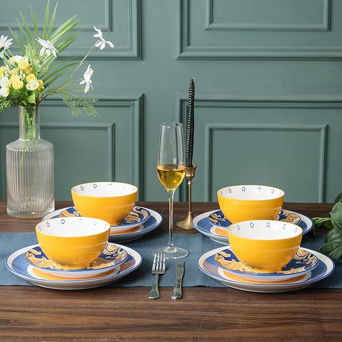 Wisenvoy Plates and Bowls Sets Ceramic Dinnerware Sets Plate Set Porcelain Dishes Set for 4 Dinner Plates