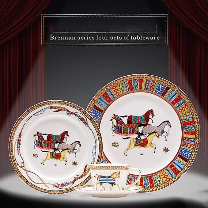 European Style Dinnerware Set Service for 2 Bone China Dinnerware Sets Unbreakable Porcelain Dinner Sets Coffee Cup and Saucer Tableware Set Steak Dinner Plates Dish Set horse-05