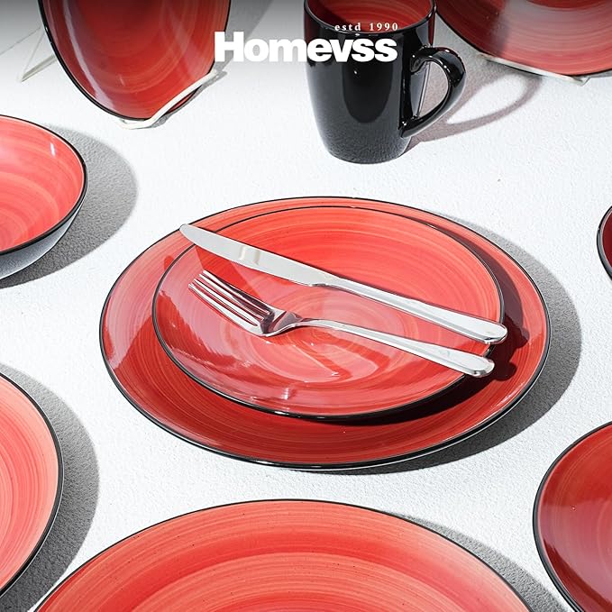 Sonoma 16 Piece Stoneware Dinner Set Red Outside Black + Inside Handpainted Color Red with speckle