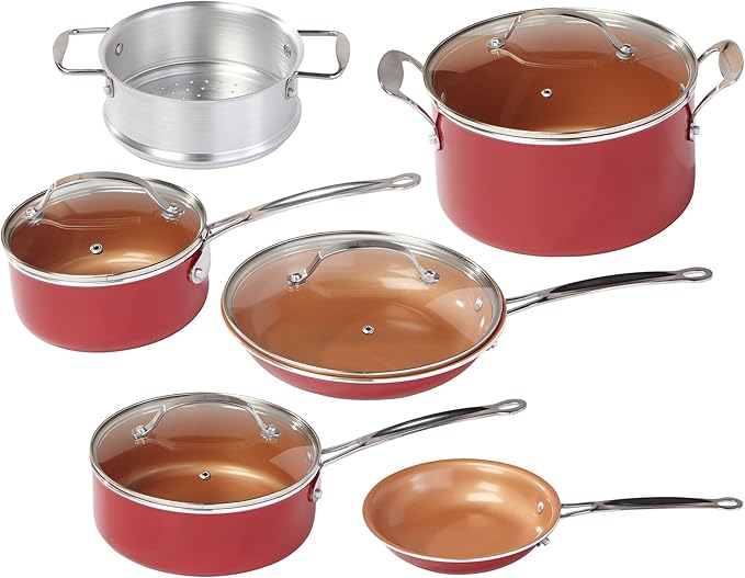 BulbHead Red Copper 10 PC Copper-Infused Ceramic Non-Stick Cookware Set