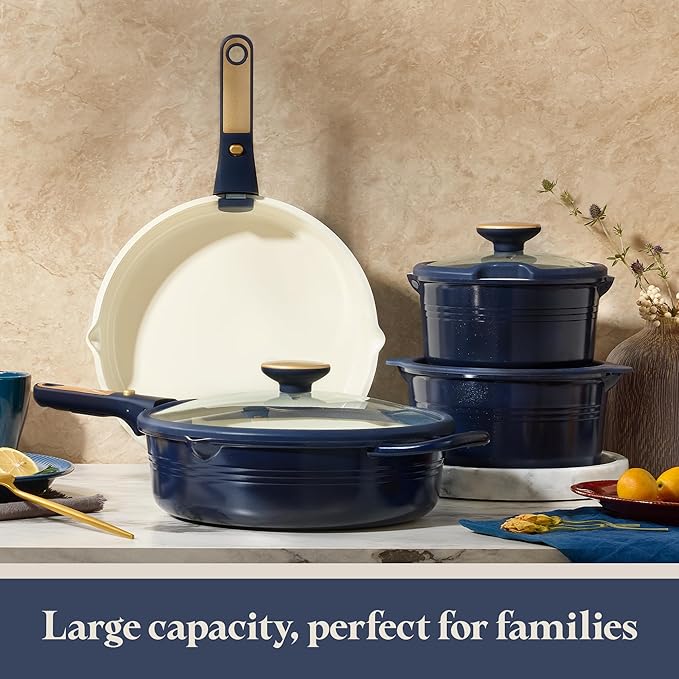 CAROTE 22Pcs Titanium Cookware Set Pots and Pans Set Non Stick Kitchen Cooking Set with Detachable Handle Non Toxic Induction Cookware Dishwasher/Oven SafeBlue