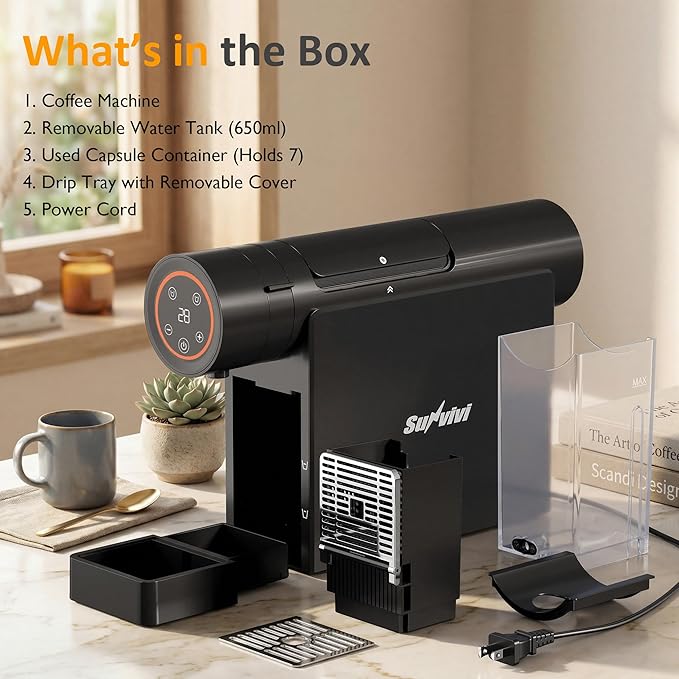 SUNVIVI Single Serve Capsule Coffee Maker Compact Espresso Machine with 22oz Water Tank Quick Brew 1200W Small Coffee Maker for Hot &amp Iced Coffee Easy Clean Home &amp Office Use Black