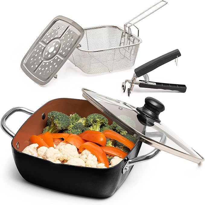Moss &amp Stone 5 Pcs Black Copper Chef Cookware Non Stick Deep Frying Pan Fry Basket Steamer Rack Dishwasher &amp Oven Safe 5 Qt Deep Square Pan Induction Copper Cookware Set - 9.5 x 3.5