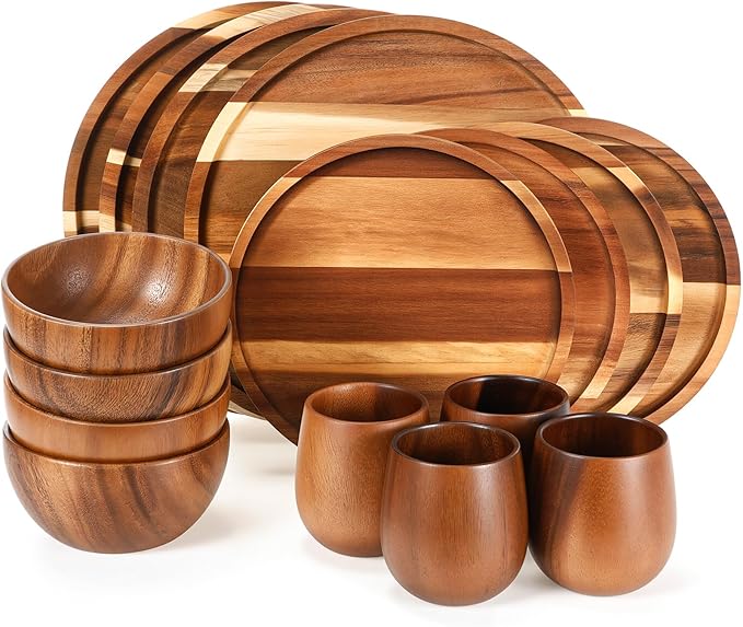Maxdot 16 Pcs Acacia Wood Dinnerware Set Round Wooden PlatesSolid Wooden Bowls and Tea Cups Acacia Wood Tableware Supplies Easy Cleaning &amp Lightweight for Dishes Snack Dessert Set for 4