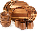 Maxdot 16 Pcs Acacia Wood Dinnerware Set Round Wooden PlatesSolid Wooden Bowls and Tea Cups Acacia Wood Tableware Supplies Easy Cleaning &amp Lightweight for Dishes Snack Dessert Set for 4