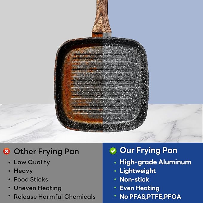 3-Piece Nonstick Grill Pan Set Square Griddle Pans with Wooden Handle Compatible with All Stovetops Ideal for Steak BBQ &amp Vegetables 9.5 10.2 11 Black