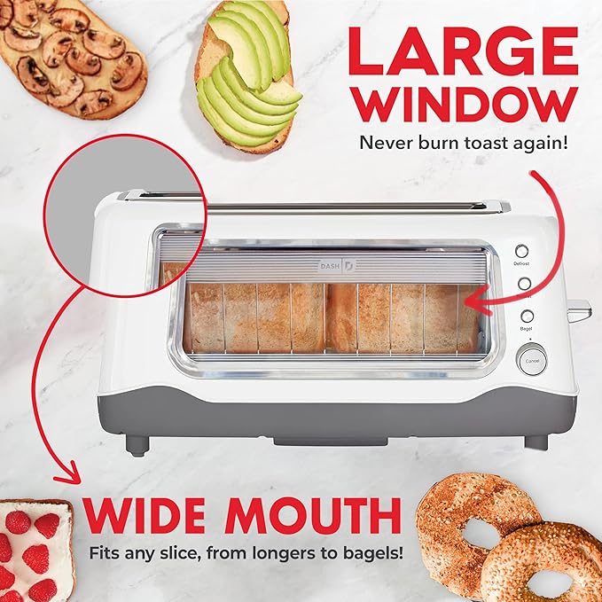 Dash Clear View Toaster - Features Large Window &amp Extra-Wide Slots - Auto-Shut Off Feature - Bagel Functions &amp Seven-Browning Levels - 1-Touch Defrost - White