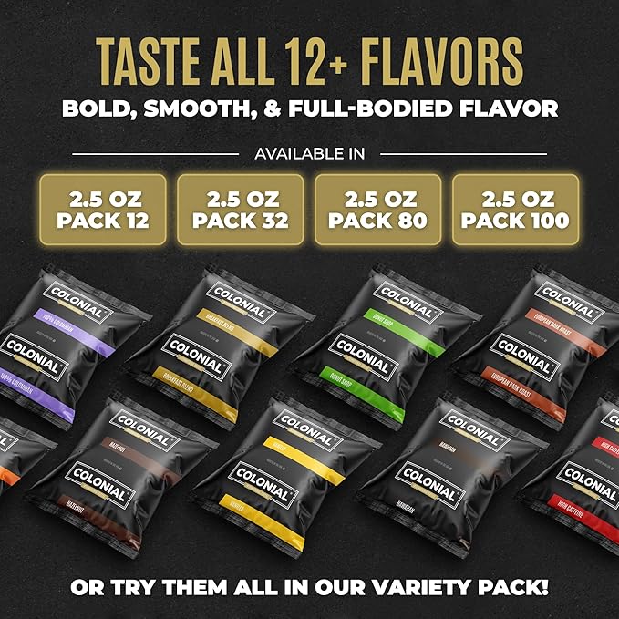 Colonial Coffee 80 Count Single Pot Coffee Packets – 100% Arabica Breakfast Blend Medium Roast | Pre-Measured Frac Packs for 12 Cup Maker | Bulk Ground Gourmet Coffee for Home &amp Office