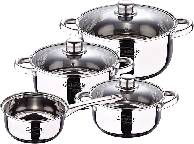 7-Piece Stainless Steel Battery: Saucepan Without lid Ø16 / saucepans with lid Ø18 / Ø20 and Ø24 (4.0L) and Set of 3 Pans Ø16/20/24 cm Pressed Aluminium