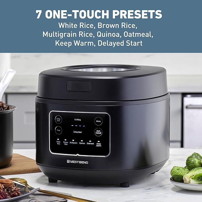 West Bend Programmable Rice &amp Grain Cooker with 7 Preset Functions Includes Delay Start and Keep Warm Features Easy View Window &amp Steam Basket 12 Cups Cooked (6 Uncooked) Black