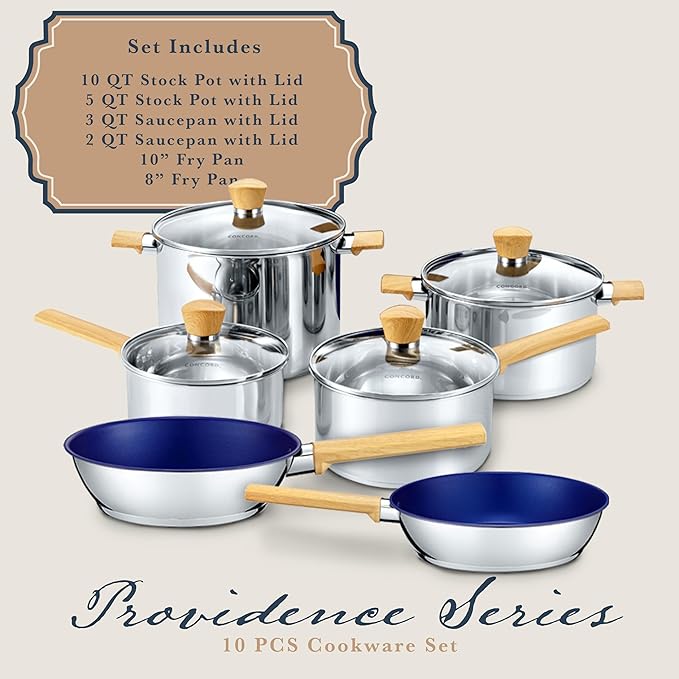 Concord 10 Piece Stainless Steel Cookware Set includes Saucepans Stock Pots and Pans/Skillets