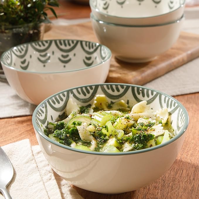 Bloomhouse - 2-Time Oprah’s Favorite Things - Valencia Flor 4 Piece 6” Cereal Bowl Set Stoneware Bowls Mediterranean Floral Decal Design Microwave &amp Dishwasher Safe Fern Green