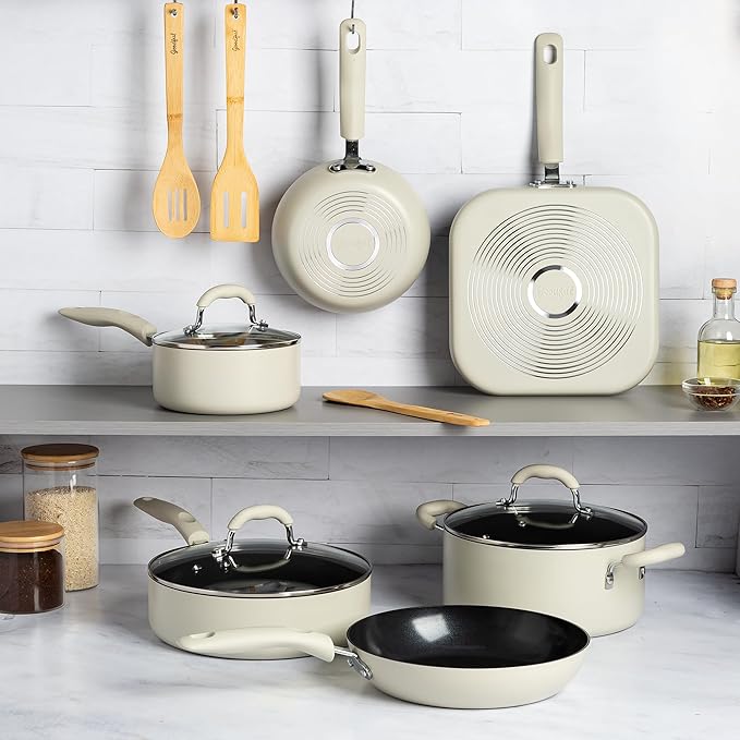 Goodful Ceramic Nonstick Pots and Pans Set Premium Ceramic Coating Made without PFOA PTFE or PFAS Dishwasher Safe 12-Piece Cream