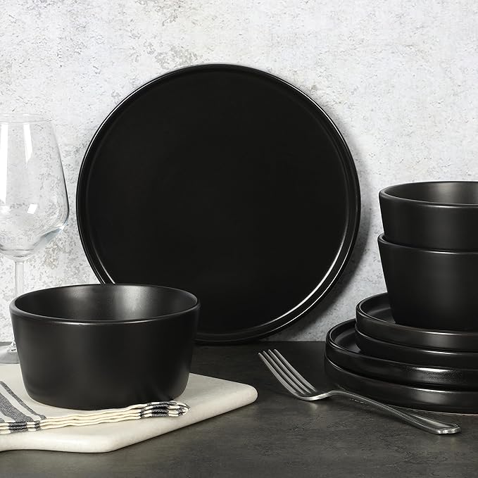 Gibson Soho Lounge Bowery 32 Piece Matte Black Stoneware Dinnerware Plates Bowls and Mugs Set - Service for 8