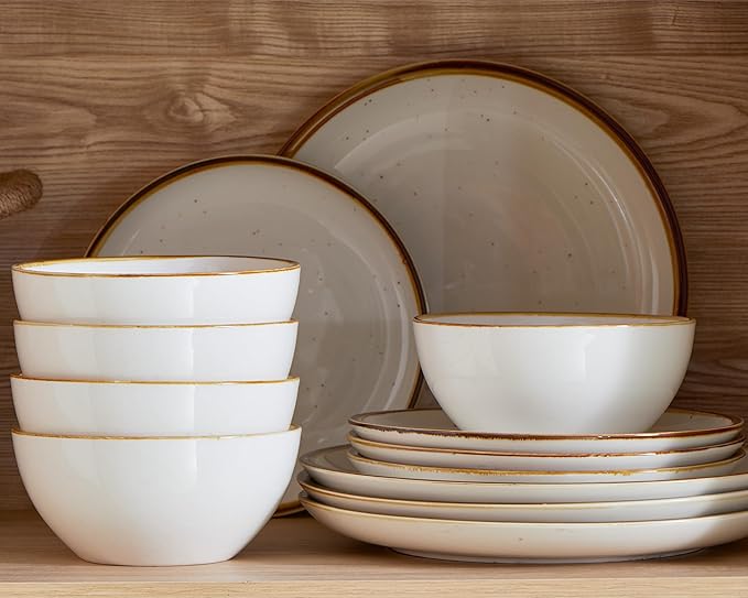ONEMORE Plates and Bowls Set Dinnerware Sets for 4 Porcelain Kitchen Dishes Set 12pcs Scratch Resistant Modern Aesthetic Dishware Sets- Microwave &amp Dishwasher Oven SafeFarmhouse Style Cream W