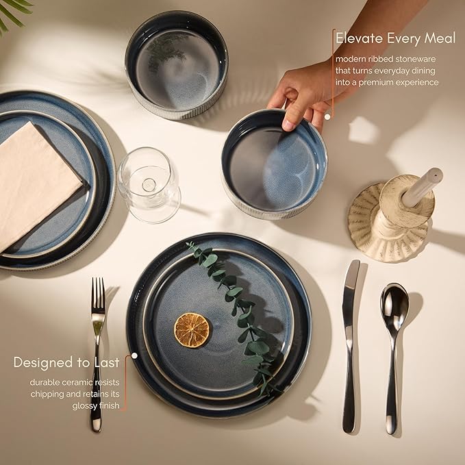 Ceramic Dinnerware Set by Vase and Vessel 12-Piece Service for 4 9.8” Dinner Plates 8” Salad Plates 20 oz Bowls Ombre Reactive Glaze Durable Stoneware Microwave &amp Dishwasher (Denim)