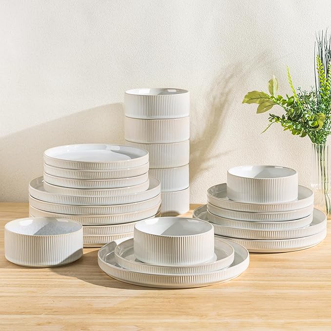 TheTerra Ceramic Dinnerware Sets for 8 24 Pieces Porcelain Lightweight Plates and Bowls Sets Scratch Resistant Dish Set Oven &amp Microwave &amp Dishwasher Safe Cappuccino White