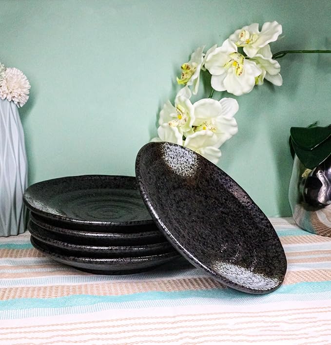 Ebros Gift Artistic Charcoal Grey Tone Hakumu Porcelain Collection Dinnerware Serveware Kitchenware Set Asian Japanese Restaurant Supply (Pack Of 5 Round Dinner Plates 8.75D)