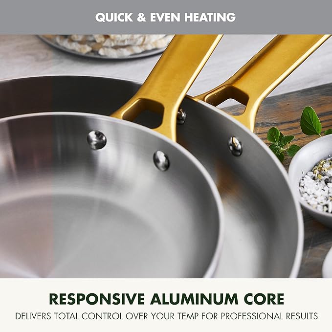 GreenPan Stainless Steel Tri-Ply Reserve 10” and 12” Frying Pan Skillet Set Multiclad Cookware Induction Oven &amp Broiler Safe to 600°F Heat Responsive Core Dishwasher Safe Gold Handles