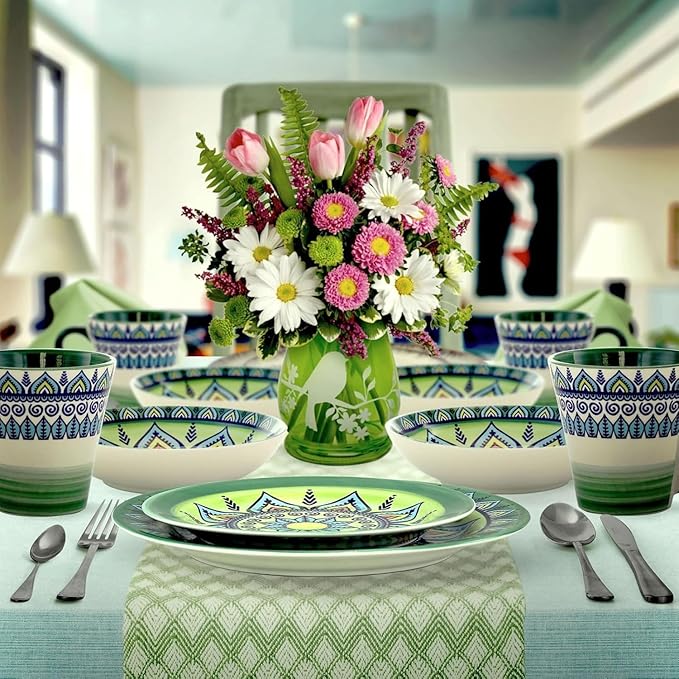 16 Piece Stoneware Dinnerware Set for 4 – Colorful Bohemian Style Plates and Bowls Microwave &amp Dishwasher Safe Rustic Glazed Finish (Green)