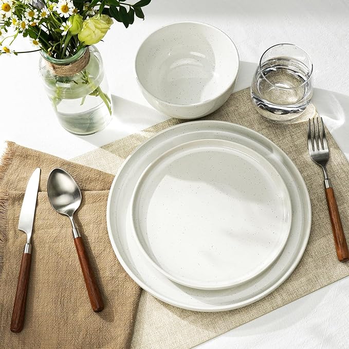 Kitchen Plates and Bowls Set Dinner Set for 4 Handpainted Dinner ware Sets Microwave Safe Plates and Bowls Sets Stone Plate White Stoneware Scratch Resistant (Arctic Frost)