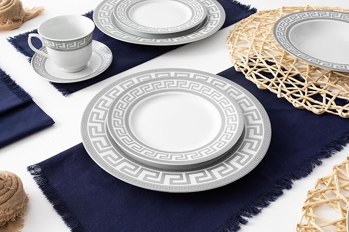 Dinnerware Set for 4 - Silver on White Fine Porcelain 20 piece Tableware Setting for Every Day and Formal Occasions with Cups and Saucers