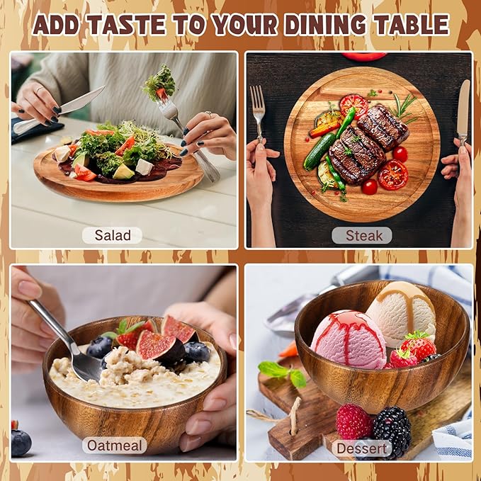 Maxdot 24 Pcs Acacia Wood Dinnerware Set Round Wooden Plates Solid Wooden Bowls and Tea Cups Acacia Wood Tableware Supplies Lightweight for Dishes Snack Dessert Set for 4