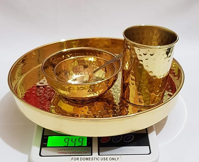 Pure Source India Hammered Brass Solid Dinner Thali Set -5 Pieces Gold Hammered
