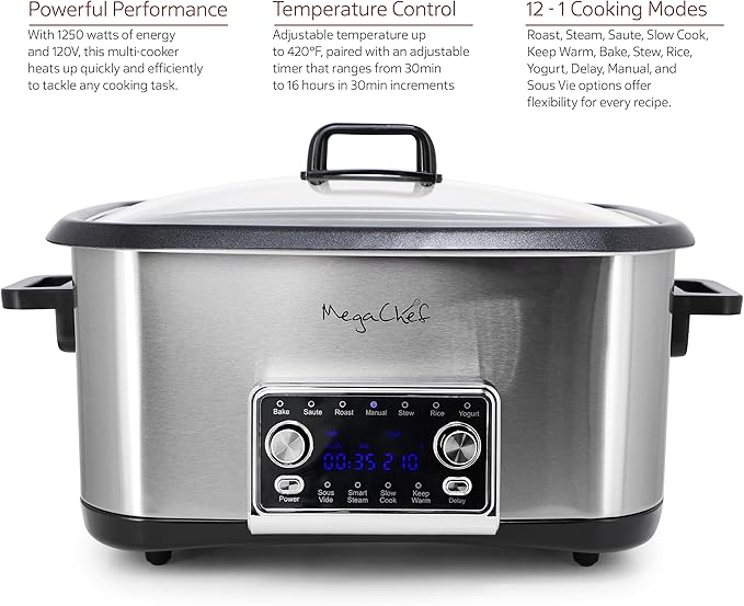 MegaChef Deluxe 8 Quart 12-in-1 Programmable Multi Cooker with Sous Vide and Multi-Functions Digital Display Adjustable Temperature &amp Time Removable Pot Tempered Glass Lid