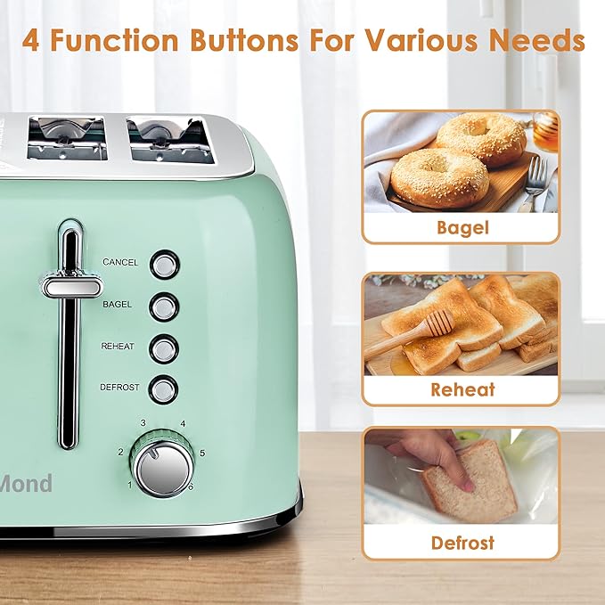 Roter Mond Toaster 4 Slice Retro Stainless Steel with Extra Wide Slots Bagel Defrost Reheat Function Dual Independent Control Panel Removable Crumb Tray 6 Browning Levels Aqua Green