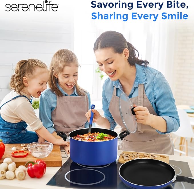 SereneLife 15-Pc Blue Nonstick Cookware Set Heat-Resistant Pots &amp Pans Set with Lids Dishwasher Safe Includes Matching Utensils