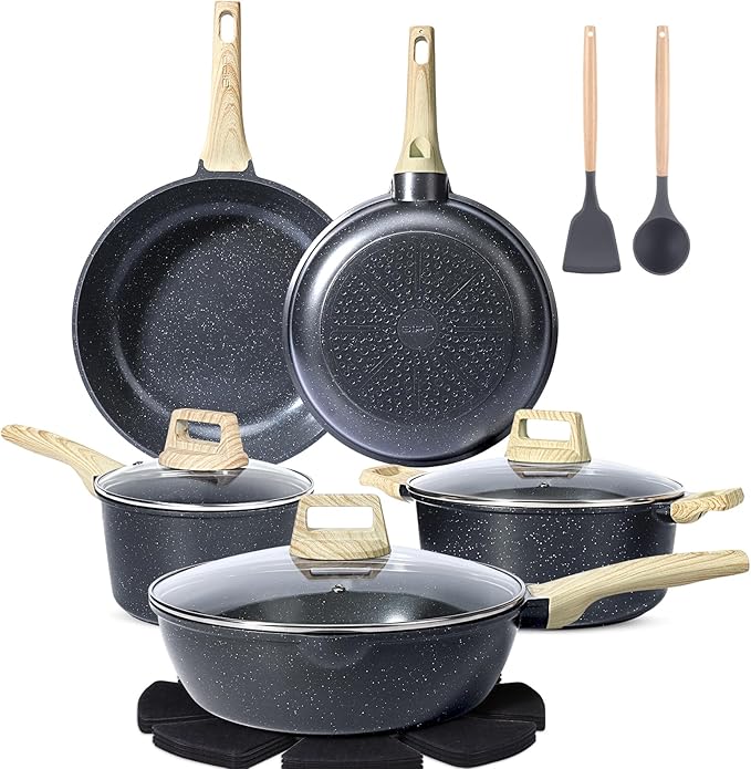 GiPP Pots and Pans Set Non Stick - 10 Piece Gray Granite Kitchen Cookware Sets Nonstick Induction Cookware Non-Toxic Cooking Pan Set with Silicone Utensils PFOS and PFOA Free