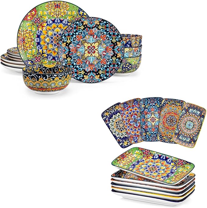 vancasso 12-Piece Multicolor Geometric Dinnerware Set - 4 Place Settings with 4 Dinner Plates 4 Salad Plates and 4 Cereal Bowls - Dishwasher and Microwave Safe
