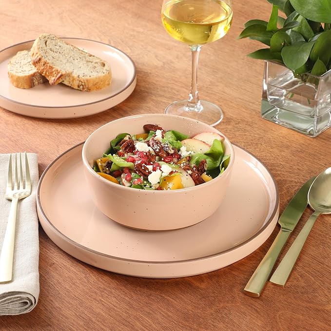 Gibson Elite Northrock Stoneware Dinnerware Set 12-Piece Service for 4 Plates and Bowls Set – Pink Dishes with Hand-Painted Terracotta Base