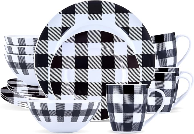 Winter Frost White Black Modern Kitchen Dinnerware Sets Indoor and Plates 16-Piece Plaid Kitchen Plates and Bowls Set with Mugs Dishwasher Safe