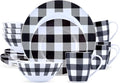 Winter Frost White Black Modern Kitchen Dinnerware Sets Indoor and Plates 16-Piece Plaid Kitchen Plates and Bowls Set with Mugs Dishwasher Safe