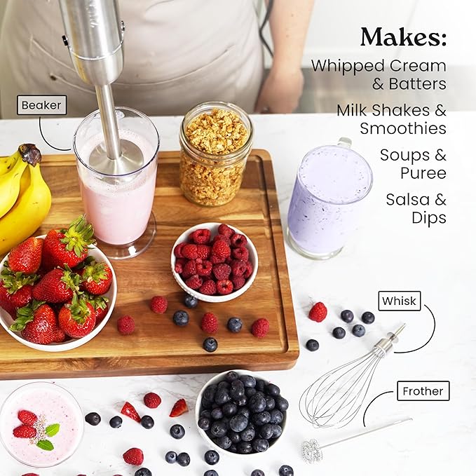 Zulay 4-in-1 Immersion Stick Mixer Hand Blender - 800 Watts 12 Speeds 5-ft Power Electric Cord Handheld Portable Stainless Steel Blades - With Whisk Frother &amp Stick Blender Attachments - Blac