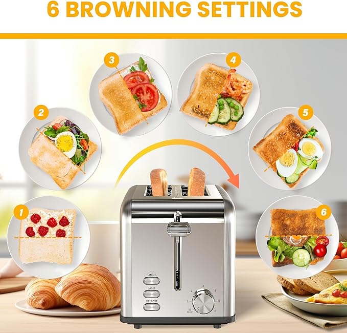 Simple Deluxe 2-Slice Stainless Steel Toaster Extra Wide Slot Toaster &amp Removable Crumb Tray with 6 Browning Setting and 3 Function for Bread &amp Waffle Silver