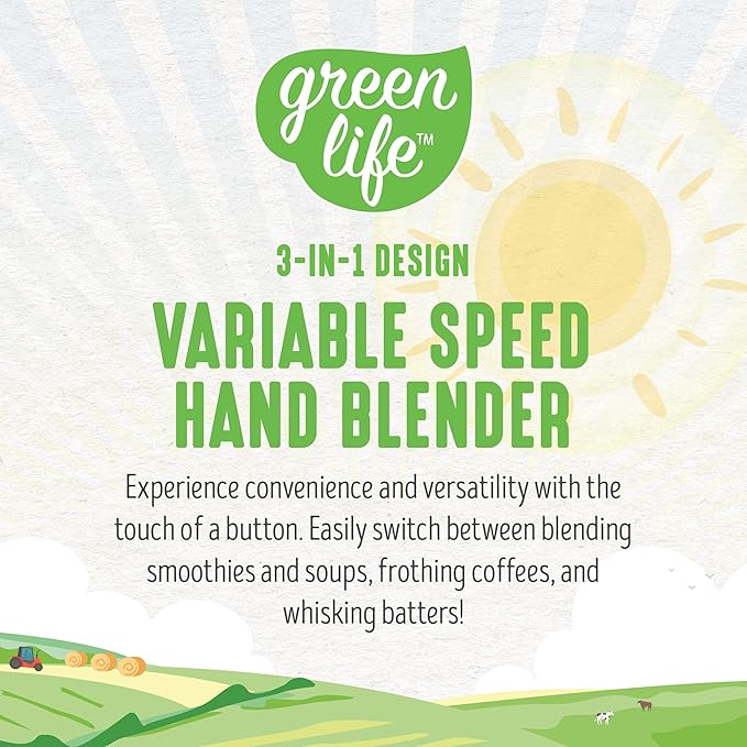 GreenLife 500-Watt Immersion Electric Handheld Stick Blender with Stainless Steel Blades Whisk Frother Measuring Cup and Lid Soups Puree Cake Multi-Speed Control Portable Turquoise
